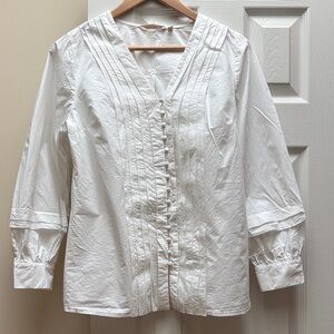 Soft Surroundings White Blouse pleated front button down V neck Cotton Small EUC